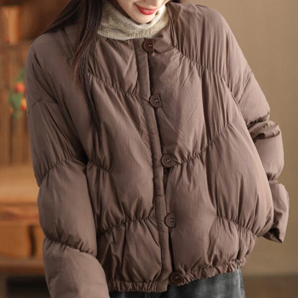 Loose Coffee O Neck Button Warm Duck Down Jacket Winter