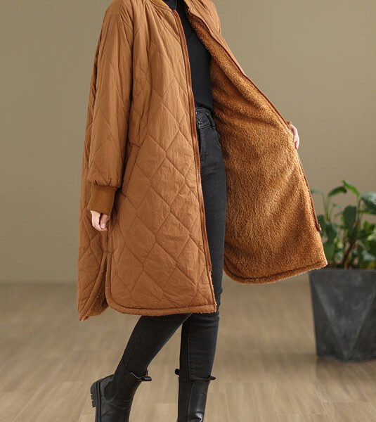 Plus Size Khaki Pockets Zippered Warm Fleece Womens Coat Winter