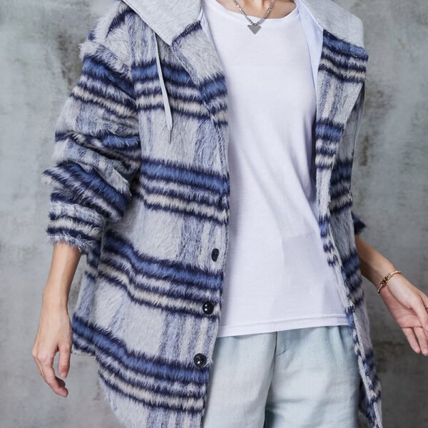 Beautiful Blue Hooded Plaid Fine Cotton Filled Coat Winter