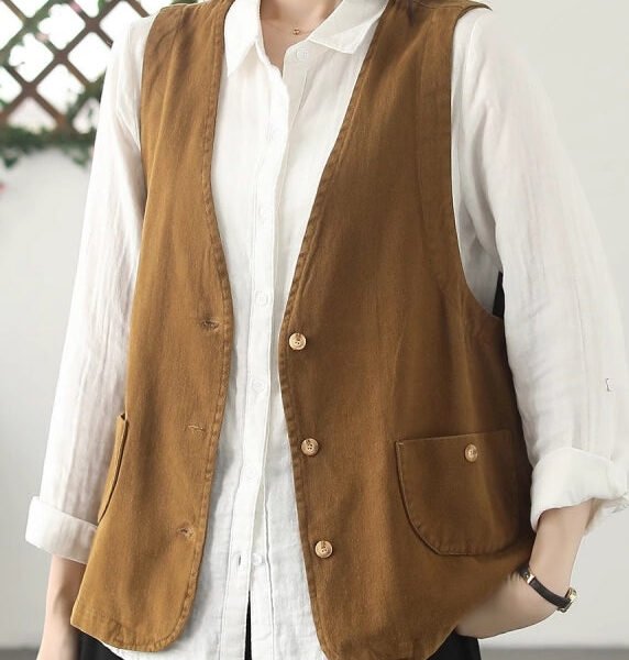 Italian Khaki V Neck Metal Button Down Cotton Vest Top Spring