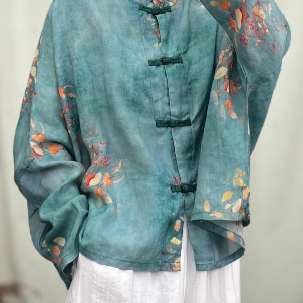 Green Print Patchwork Linen Coat O Neck Long Sleeve