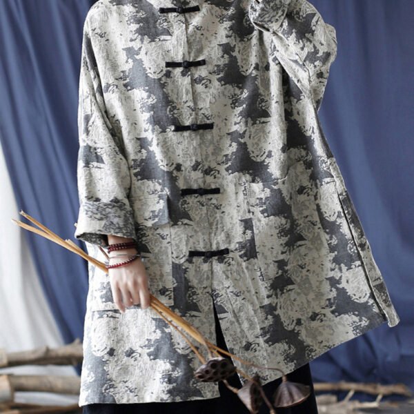 Loose Grey Button Print Pockets Cotton Coats Long Sleeve