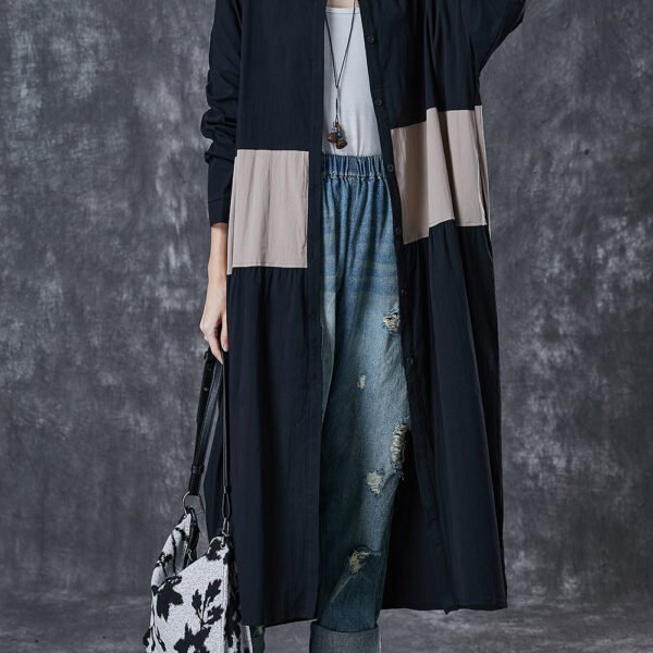 Modern Black Stand Collar Patchwork Cotton Coat Outwear Spring