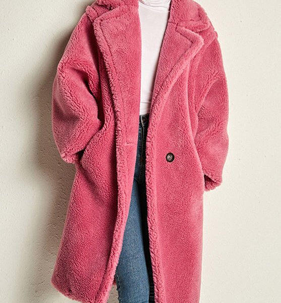 Chic Rose Notched Pockets Cozy Loose Faux Fur Coat Long Sleeve
