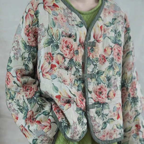 Vintage Photo Color Print Button Fine Cotton Filled Short Coat Spring