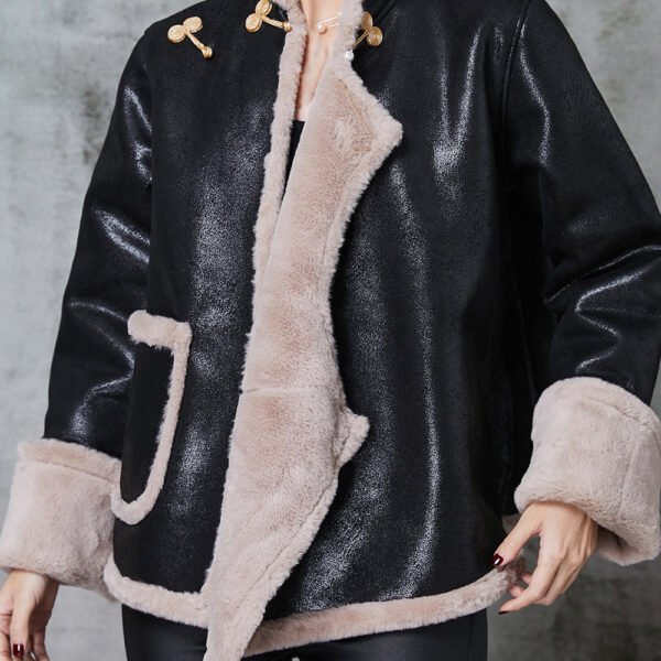 Art Black Mandarin Collar Warm Fleece Faux Suede Coats Spring