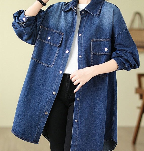 Modern Denim Blue Oversized Pockets Cotton Coat Spring