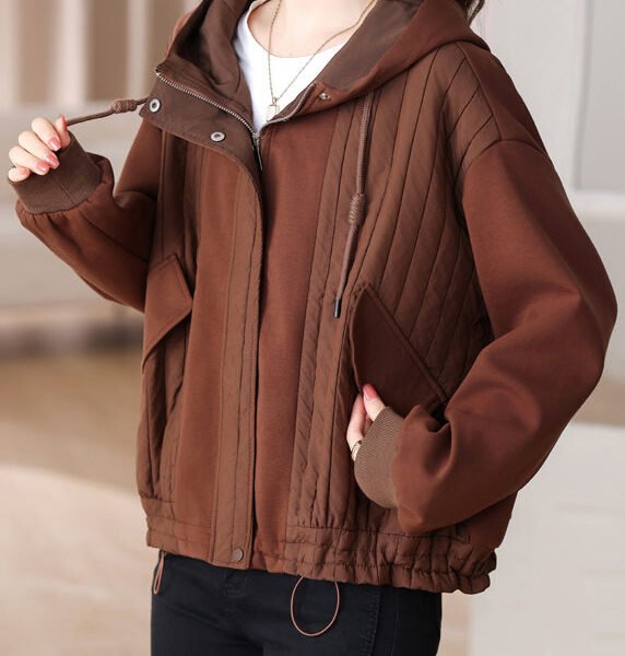 Coffee Patchwork Plus Size Cotton Hoodie Coat Drawstring Winter