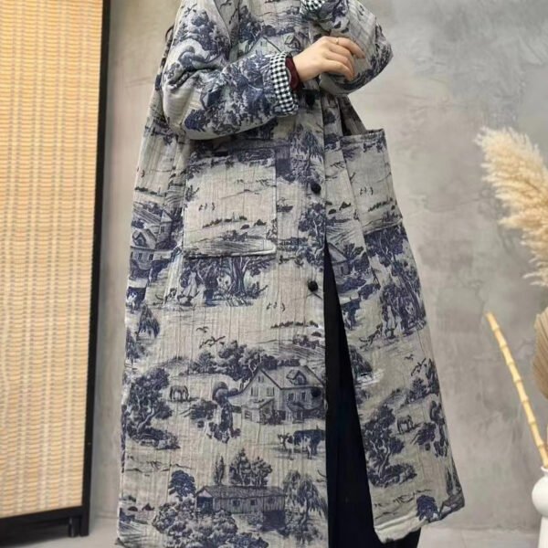 Vintage Blue Print Pockets Cotton Filled Long Trench Coat Long Sleeve
