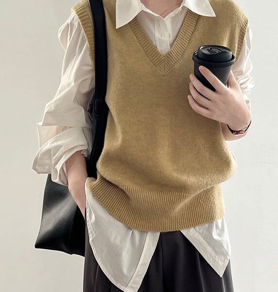 Yellow V Neck Cotton Knit Waistcoat Spring