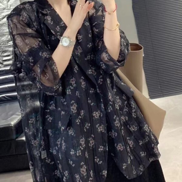Simple Black Oversized Print Chiffon UPF 50+ Coat Jacket Spring