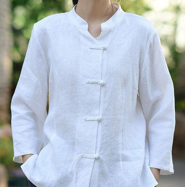 White Solid Button Linen Coats Stand Collar Spring