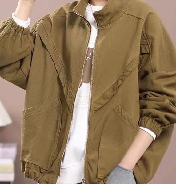 Natural Khaki Zip Up Pockets Patchwork Cotton Coat Fall