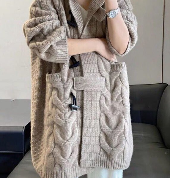 Loose Camel Hooded Pockets Patchwork Knit Coats Long Sleeve