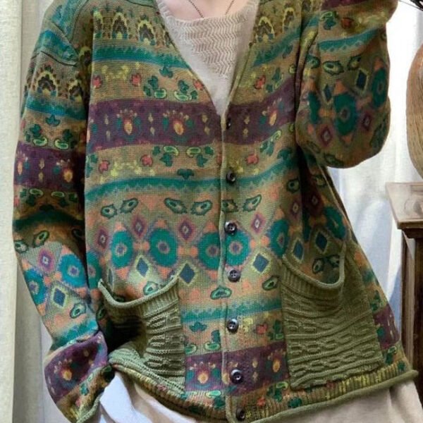 Loose Green V Neck Button Pockets Knit Coat Spring