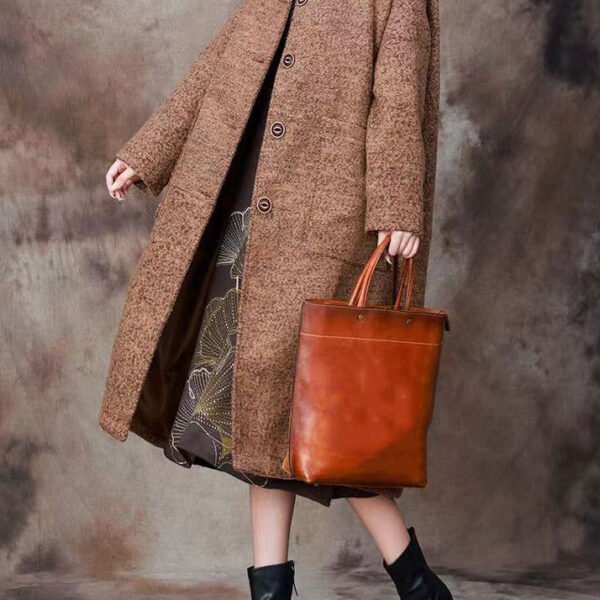 Plus Size Peter Pan Collar Button Pockets Woolen Coats Long Sleeve