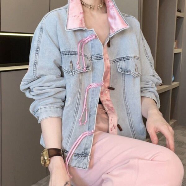 New Light Blue Button Patchwork Denim Coats Long Sleeve