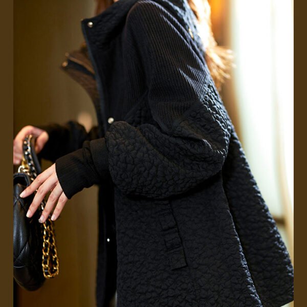 Jacquard Black Hooded Pockets Patchwork Cotton Coats Long Sleeve