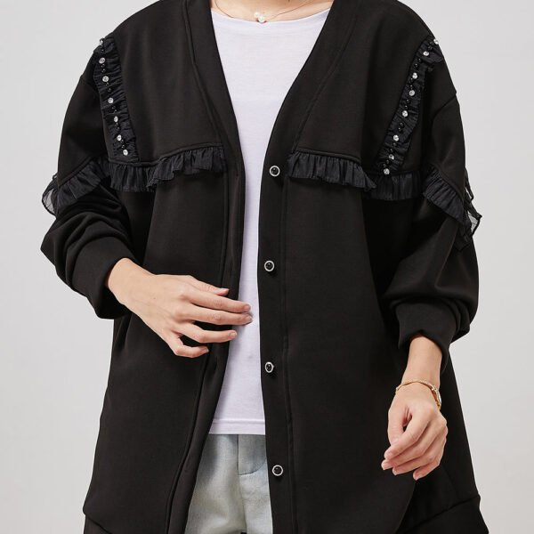 French Black Ruffled Patchwork Cotton Coats Spring