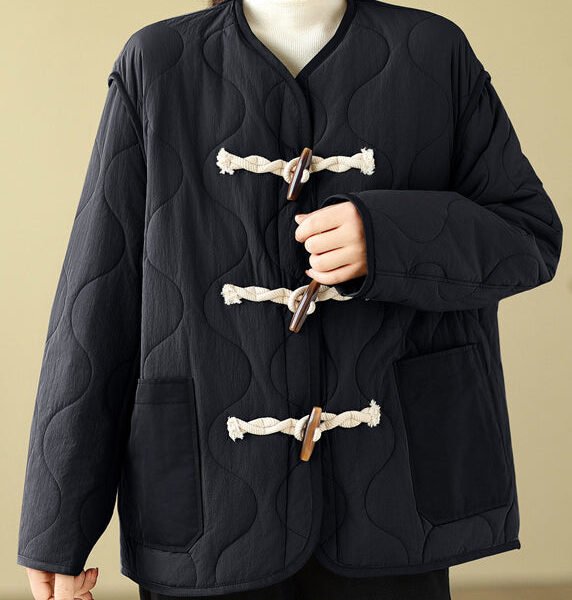 Black Pockets Loose Fine Cotton Filled Coats Horn Button Winter