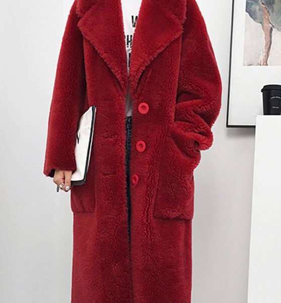 Red V Neck Button Wool Coat Winter