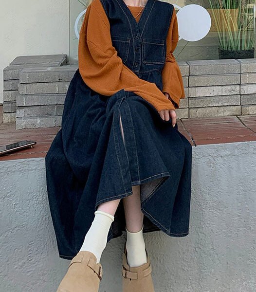New Navy Button Tops And Waistcoat Dress Denim Two Pieces Set Spring