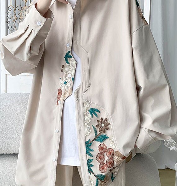 Plus Size Beige Embroidered Button Cotton Neutral Coats Spring