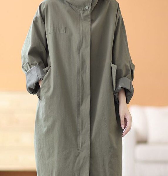 Elegant Army Green Hooded Oversized Cotton Trench Coats Spring