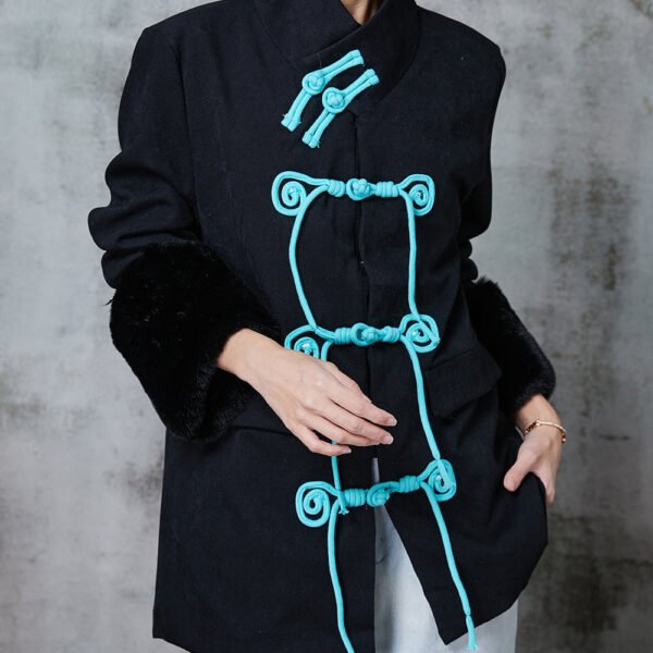Fine Black Stand Collar Patchwork Chinese Button Cotton Coats Winter