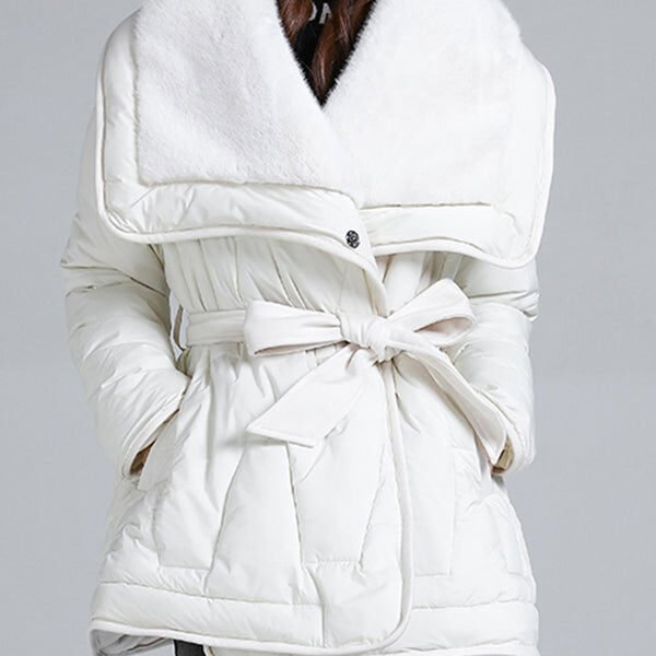 Italian White Peter Pan Collar Tie Waist Duck Down Winter Coats